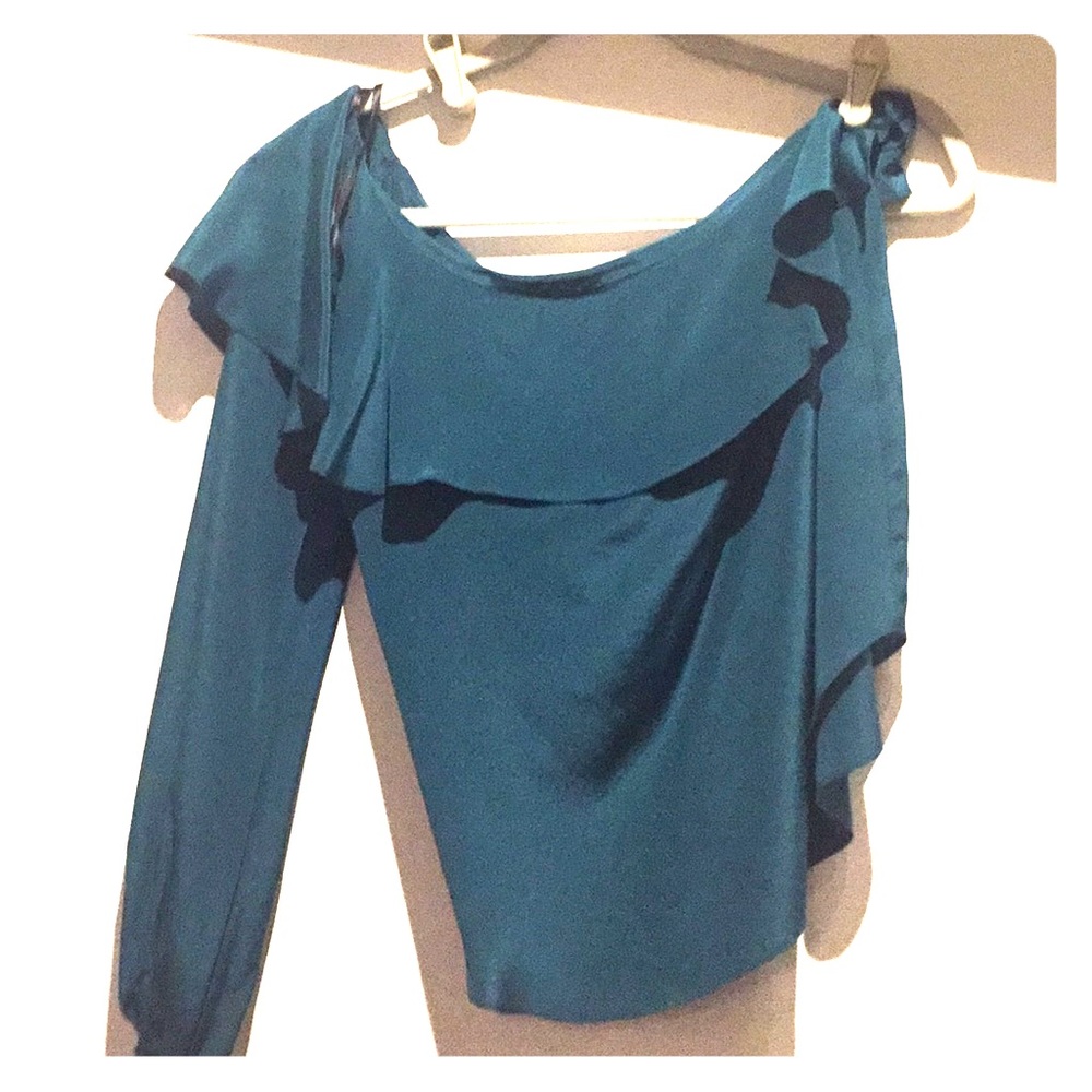Amanda Uprichard teal silk off shoulder blouse